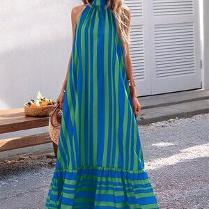 Green Blue Casual Women's Striped Print halter Strap ruffled hem maxi Dress